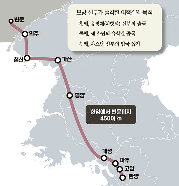 세 소년, 매서운 한파 대비해 목화솜옷 입고 유학길에 올라